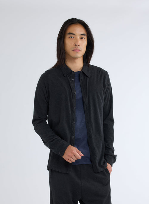 Black Heather Long Sleeve Shirt in Deluxe Cotton - MAJESTIC FILATURES