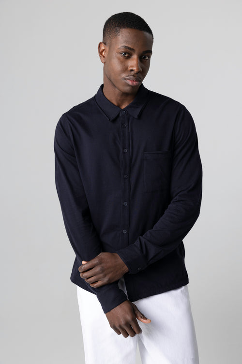 Camisa azul marino con cuello camisero y mangas largas de algodón orgánico - MAJESTIC FILATURES