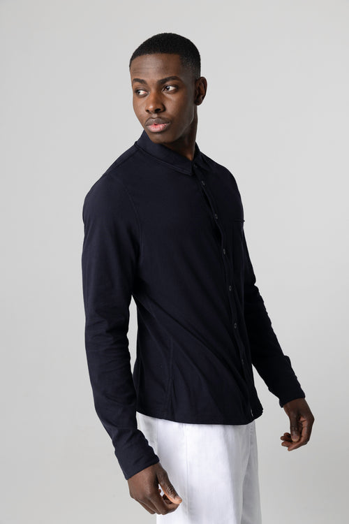 Camisa azul marino con cuello camisero y mangas largas de algodón orgánico - MAJESTIC FILATURES