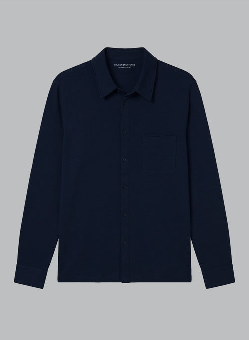 Navy Long-Sleeve Organic Cotton Collared Shirt - MAJESTIC FILATURES