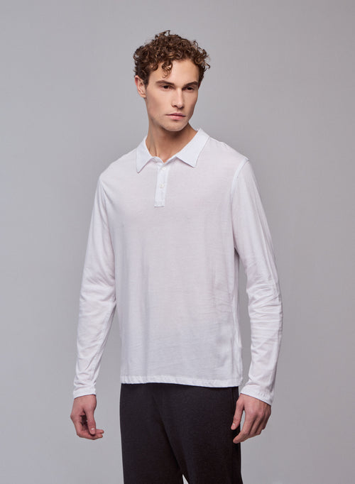 White Polo Shirt Long Sleeve Polo Shirt in Organic Cotton - MAJESTIC FILATURES
