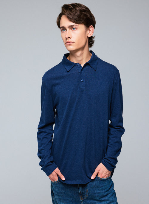 Polo Azul Polo de Manga Larga en Algodón Orgánico - MAJESTIC FILATURES