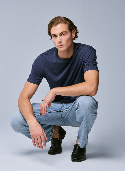 Camiseta de manga corta con cuello redondo azul en algodón orgánico - MAJESTIC FILATURES