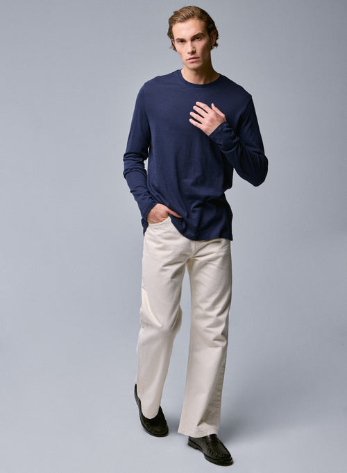 Blue Round Neck Long Sleeve T-shirt in Organic Cotton - MAJESTIC FILATURES
