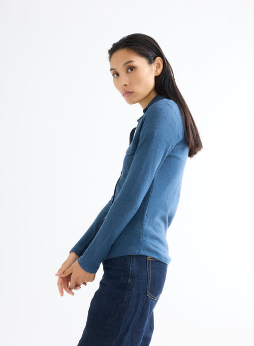 Blue Mottled Shirt with Long Sleeve Pockets in Cotton and Cashmere - MAJESTIC FILATURES