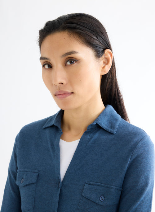 Blue Mottled Shirt with Long Sleeve Pockets in Cotton and Cashmere - MAJESTIC FILATURES