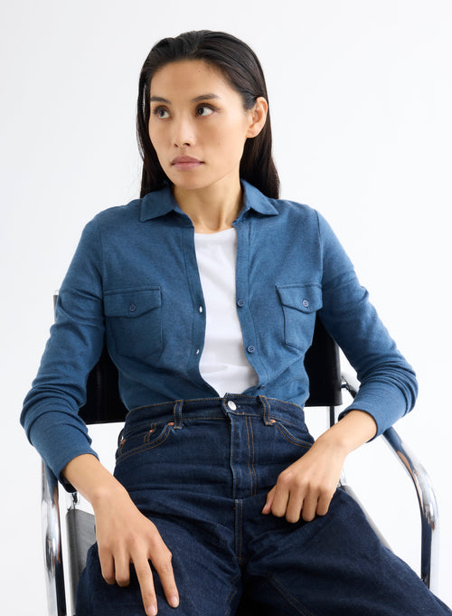 Blue Mottled Shirt with Long Sleeve Pockets in Cotton and Cashmere - MAJESTIC FILATURES