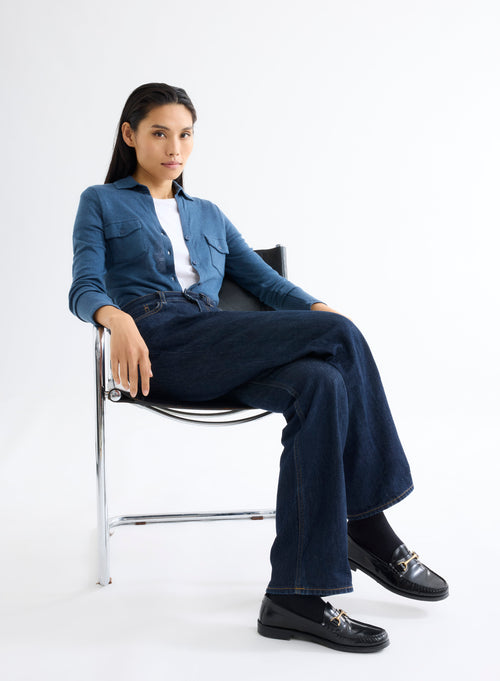 Blue Mottled Shirt with Long Sleeve Pockets in Cotton and Cashmere - MAJESTIC FILATURES