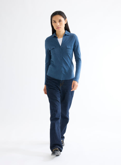 Blue Mottled Shirt with Long Sleeve Pockets in Cotton and Cashmere - MAJESTIC FILATURES