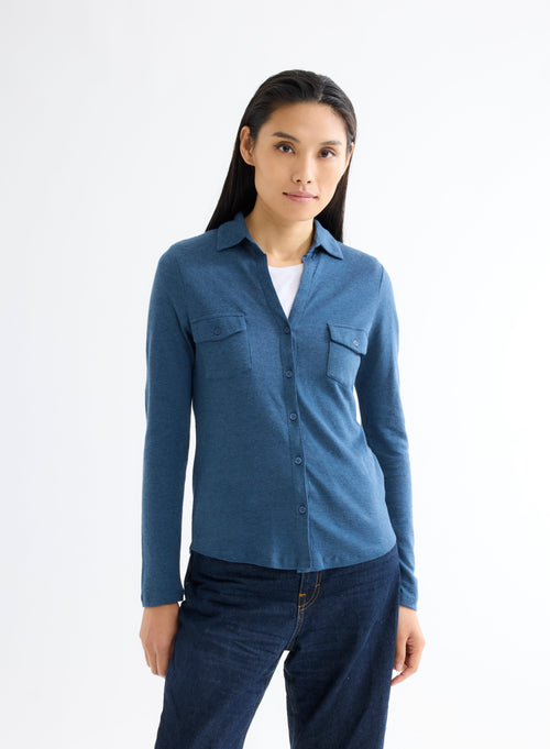 Blue Mottled Shirt with Long Sleeve Pockets in Cotton and Cashmere - MAJESTIC FILATURES