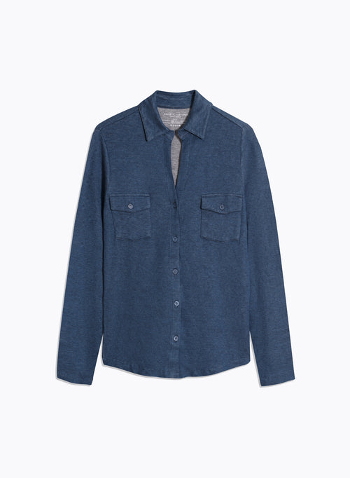 Blue Mottled Shirt with Long Sleeve Pockets in Cotton and Cashmere - MAJESTIC FILATURES