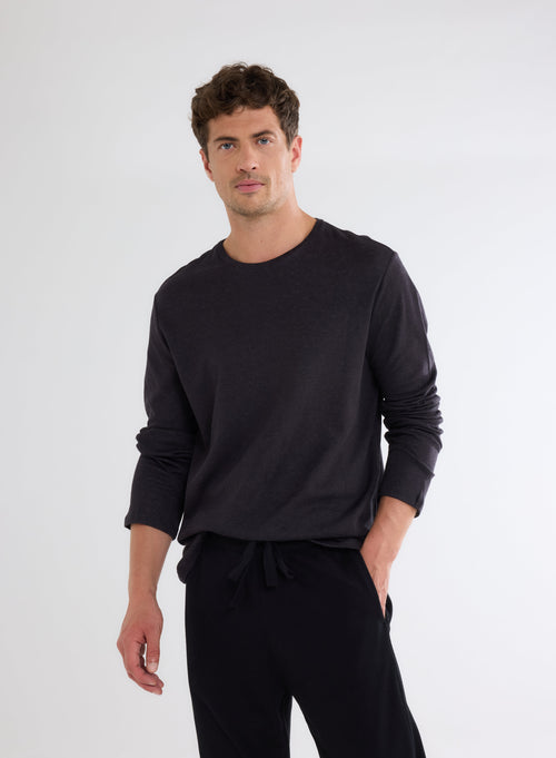 T-shirt Noir / gris chiné Col Rond Manches Longues en Coton et Cachemire - MAJESTIC FILATURES