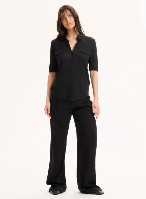 Black Linen / Elastane Elbow Sleeve Shirt - MAJESTIC FILATURES