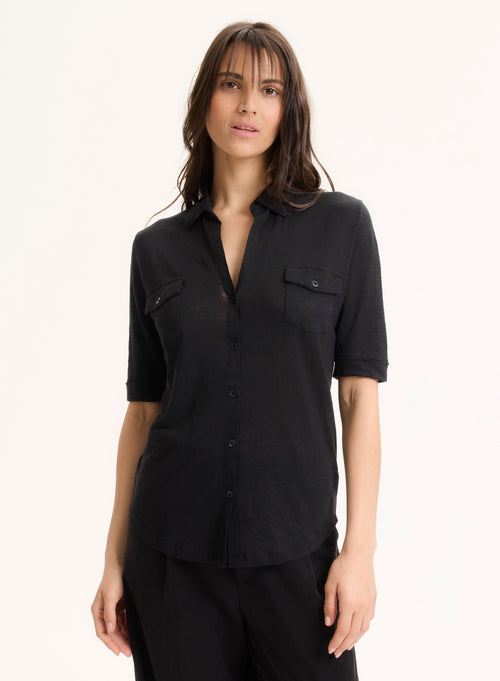 Black Linen / Elastane Elbow Sleeve Shirt - MAJESTIC FILATURES