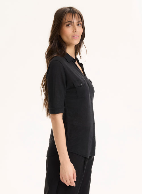 Black Linen / Elastane Elbow Sleeve Shirt - MAJESTIC FILATURES