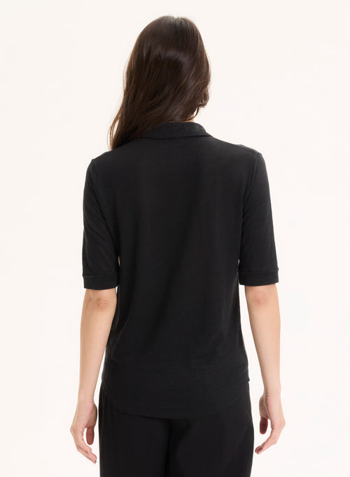 Black Linen / Elastane Elbow Sleeve Shirt - MAJESTIC FILATURES