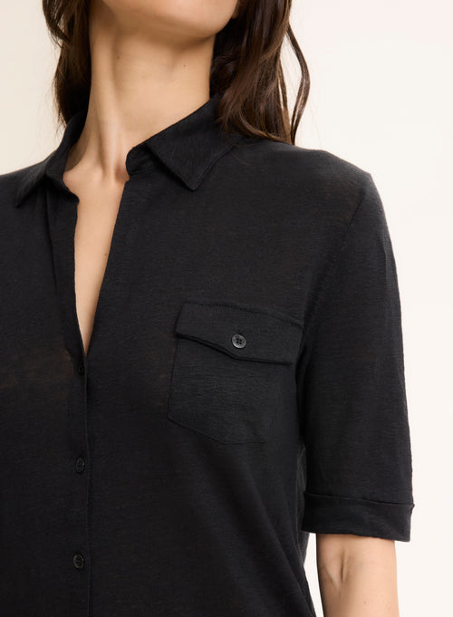 Black Linen / Elastane Elbow Sleeve Shirt - MAJESTIC FILATURES