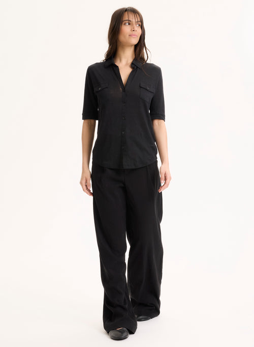 Black Linen / Elastane Elbow Sleeve Shirt - MAJESTIC FILATURES