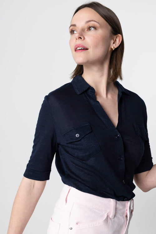 Chemise Marine Manches Coudes en Lin / Elasthanne - MAJESTIC FILATURES