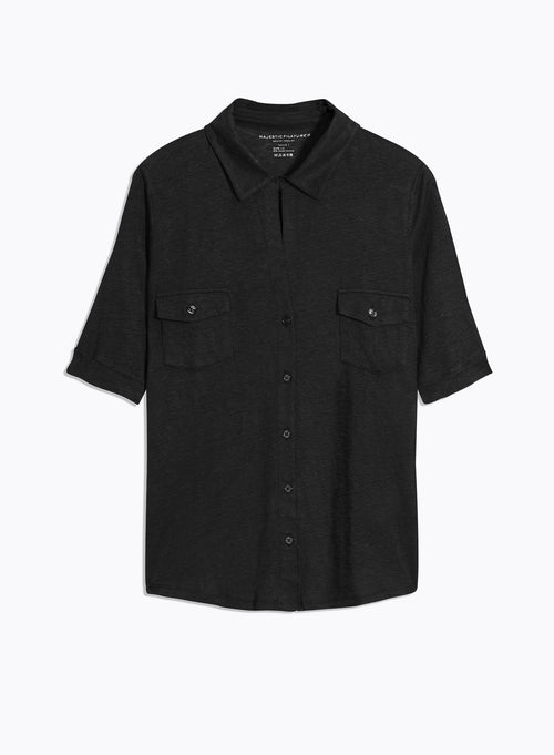 Black Linen / Elastane Elbow Sleeve Shirt - MAJESTIC FILATURES