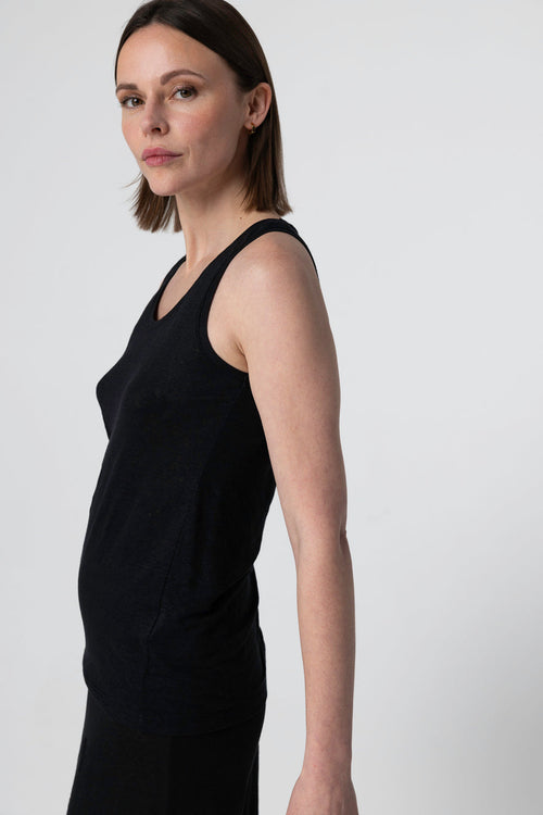 Black U-Neck Tank Top with Sleeveless in Linen / Elastane - MAJESTIC FILATURES