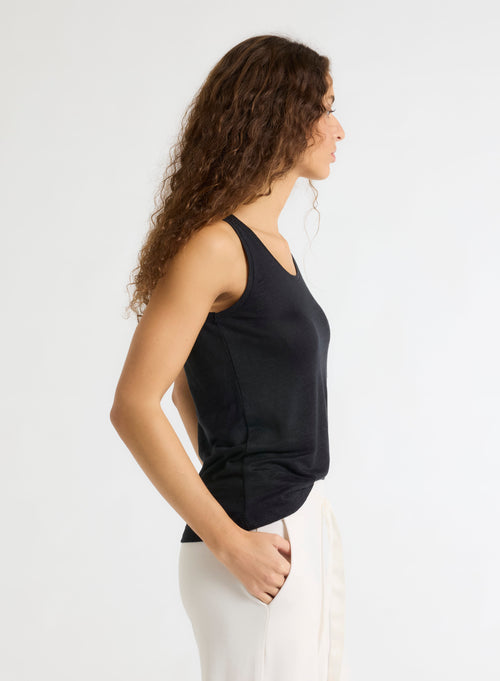Schwarzes ärmelloses©Tanktop aus Leinen / Elasthan mit U-Ausschnitt - MAJESTIC FILATURES