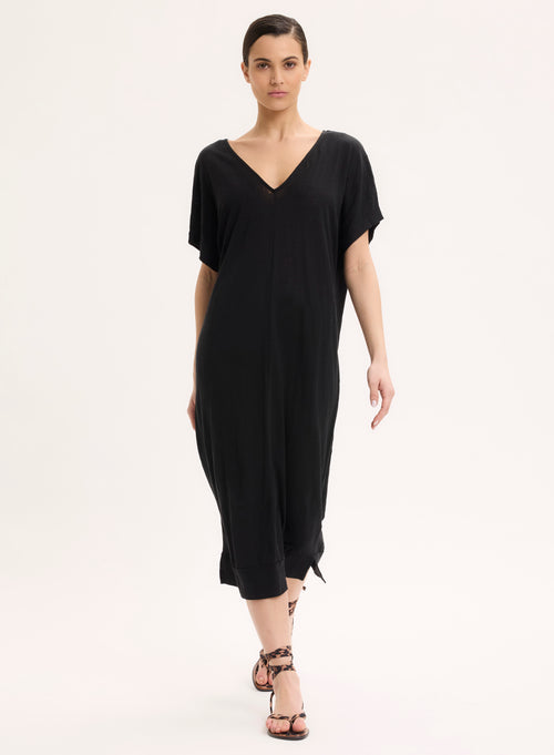 Robe Noir Col V Sans Manches - MAJESTIC FILATURES