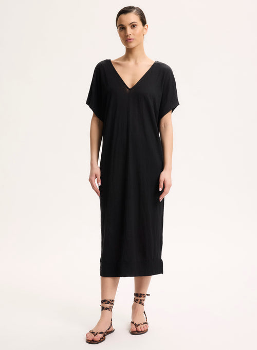 Robe Noir Col V Sans Manches - MAJESTIC FILATURES