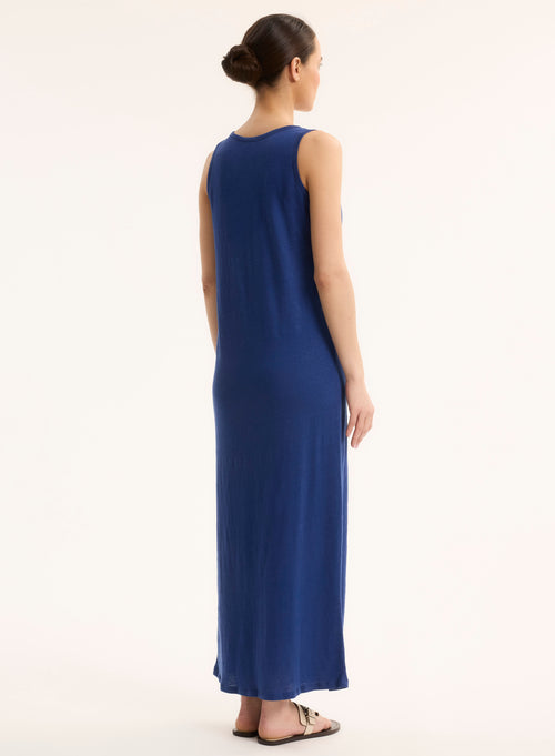 Robe Bleu Col Rond Sans Manches - MAJESTIC FILATURES