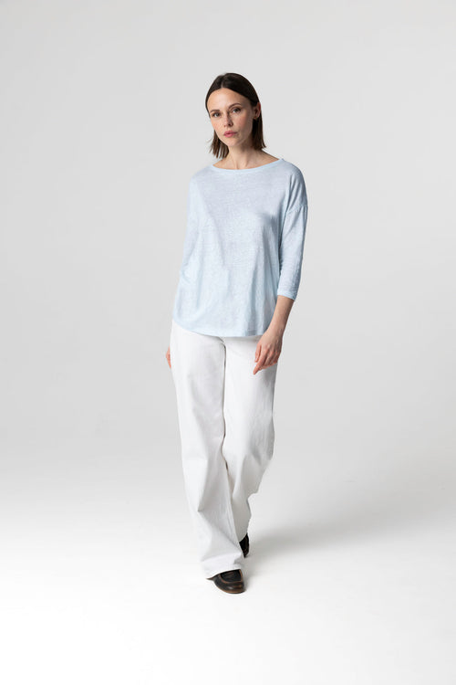 T-shirt Bleu Clair Col Bateau Manches Trois quarts en Lin / Elasthanne - MAJESTIC FILATURES