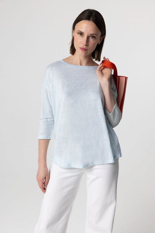 T-shirt Bleu Clair Col Bateau Manches Trois quarts en Lin / Elasthanne - MAJESTIC FILATURES