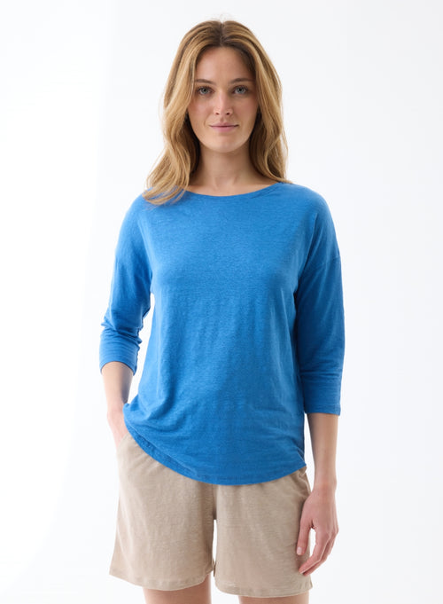 Camiseta Azul Cuello Barco Manga Tres Cuartos en Lino / Elastano - MAJESTIC FILATURES