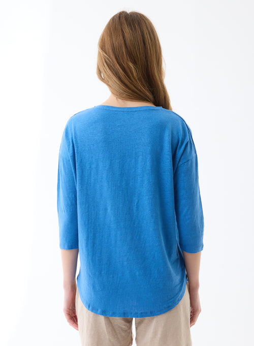 Camiseta Azul Cuello Barco Manga Tres Cuartos en Lino / Elastano - MAJESTIC FILATURES