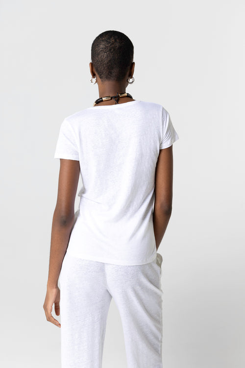 White V-Neck Short Sleeve Linen T-Shirt - MAJESTIC FILATURES