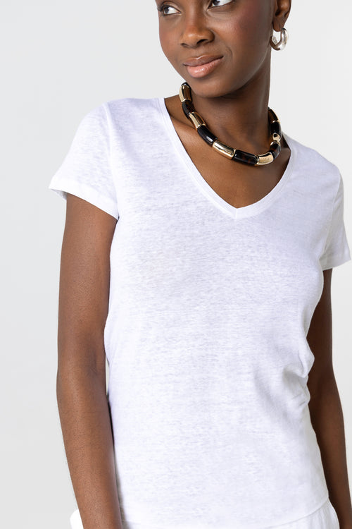 White V-Neck Short Sleeve Linen T-Shirt - MAJESTIC FILATURES