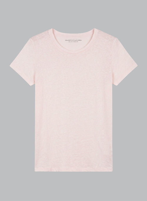 Pink Round Neck Short Sleeve Linen / Elastane T-shirt - MAJESTIC FILATURES
