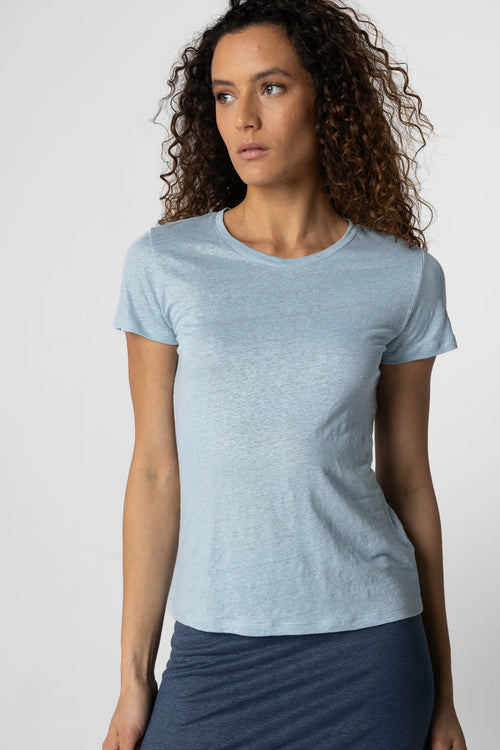T-shirt bleu clair Col Rond Manches Courtes en Lin / Elasthanne - MAJESTIC FILATURES