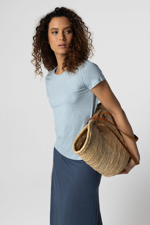 T-shirt bleu clair Col Rond Manches Courtes en Lin / Elasthanne - MAJESTIC FILATURES