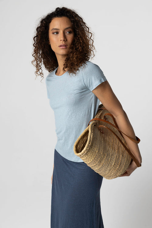 T-shirt bleu clair Col Rond Manches Courtes en Lin / Elasthanne - MAJESTIC FILATURES