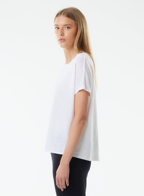 Tee shirt Blanc Col Rond Manches Courtes en Lin / Elasthanne - MAJESTIC FILATURES