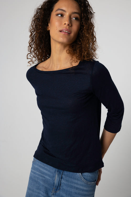 T-shirt Marine Col Bateau Manches Trois quarts en Lin / Elasthanne - MAJESTIC FILATURES
