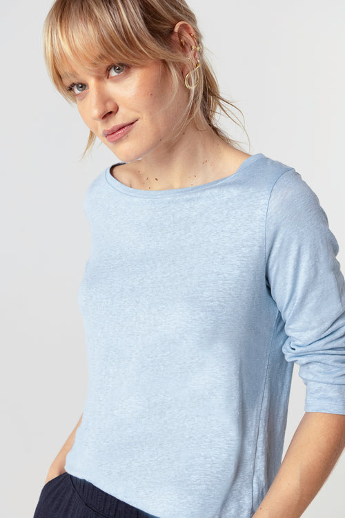T-shirt Bleu Clair Col Bateau Manches Trois quarts en Lin / Elasthanne - MAJESTIC FILATURES