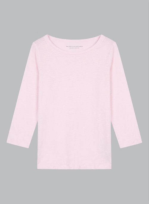 T-Shirt mit U-Boot-Ausschnitt und Dreiviertelärmeln aus Leinen/Elasthan in Rosa - MAJESTIC FILATURES