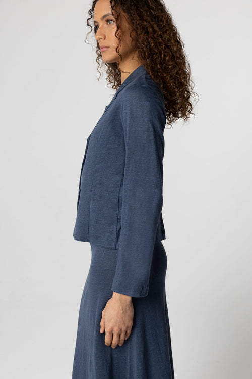 Chaqueta azul oscuro con cuello de chaqueta y mangas largas de lino/elastano - MAJESTIC FILATURES