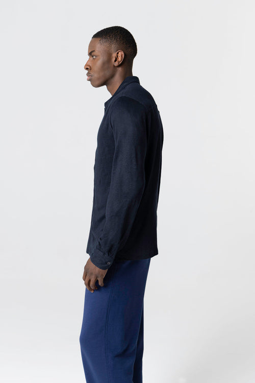Camisa azul marino de manga larga en lino/elastano - MAJESTIC FILATURES