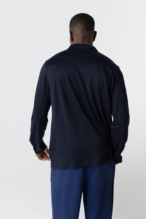 Camisa azul marino de manga larga en lino/elastano - MAJESTIC FILATURES