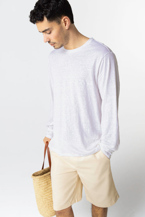 White Long Sleeve Crew Neck T-Shirt in Linen / Elastane - MAJESTIC FILATURES