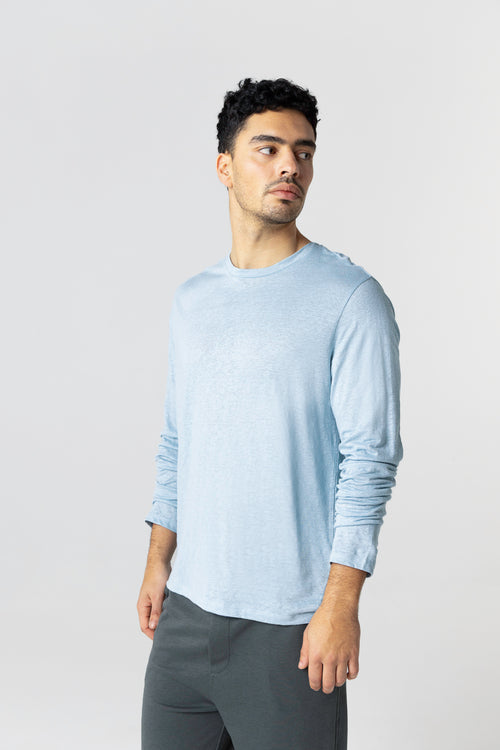 T-shirt bleu clair Col Rond Manches Longues en Lin / Elasthanne - MAJESTIC FILATURES