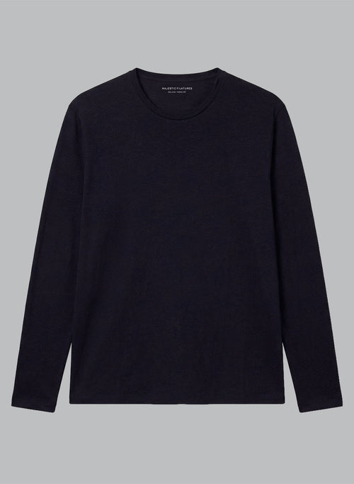 T-shirt Marine Col Rond Manches Longues en Lin / Elasthanne - MAJESTIC FILATURES