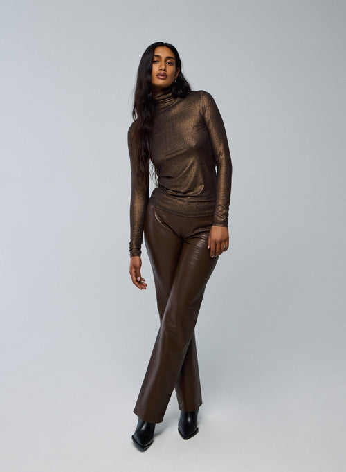 Brown Turtleneck Long Sleeves T-Shirt in Viscose and Elastane - MAJESTIC FILATURES
